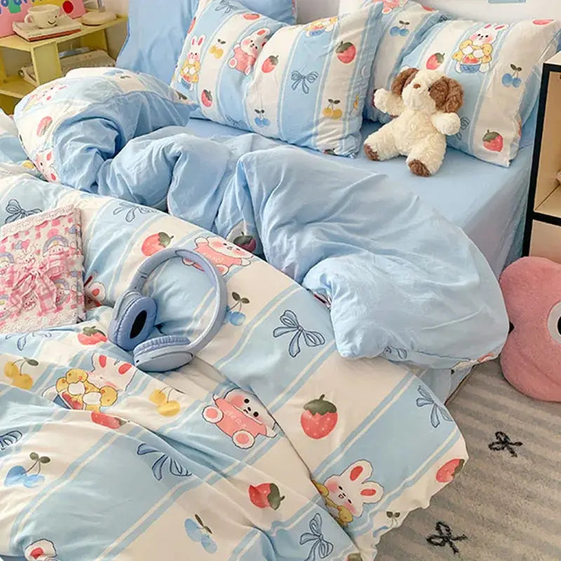 Pastel blue & white bunny cartoon pattern bed sets bedroom cotton
