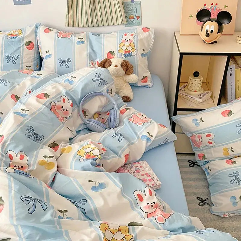 Pastel blue & white bunny cartoon pattern bed sets bedroom cotton