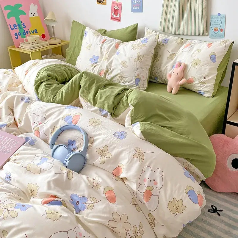 Pastel blue & white bunny cartoon pattern bed sets bedroom cotton