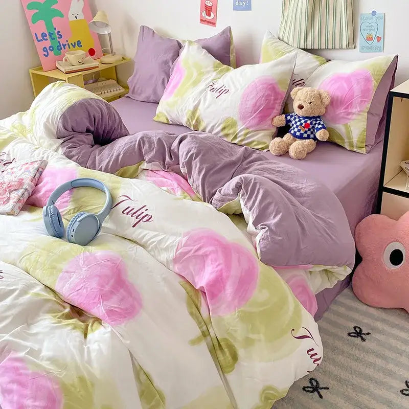 Pastel blue & white bunny cartoon pattern bed sets bedroom cotton
