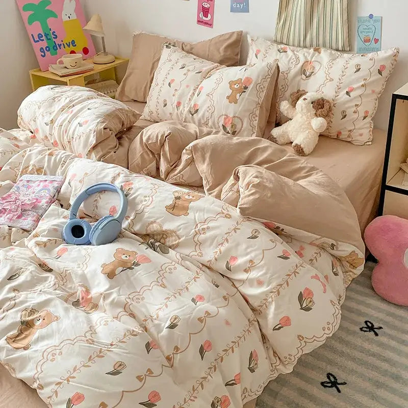 Pastel blue & white bunny cartoon pattern bed sets bedroom cotton