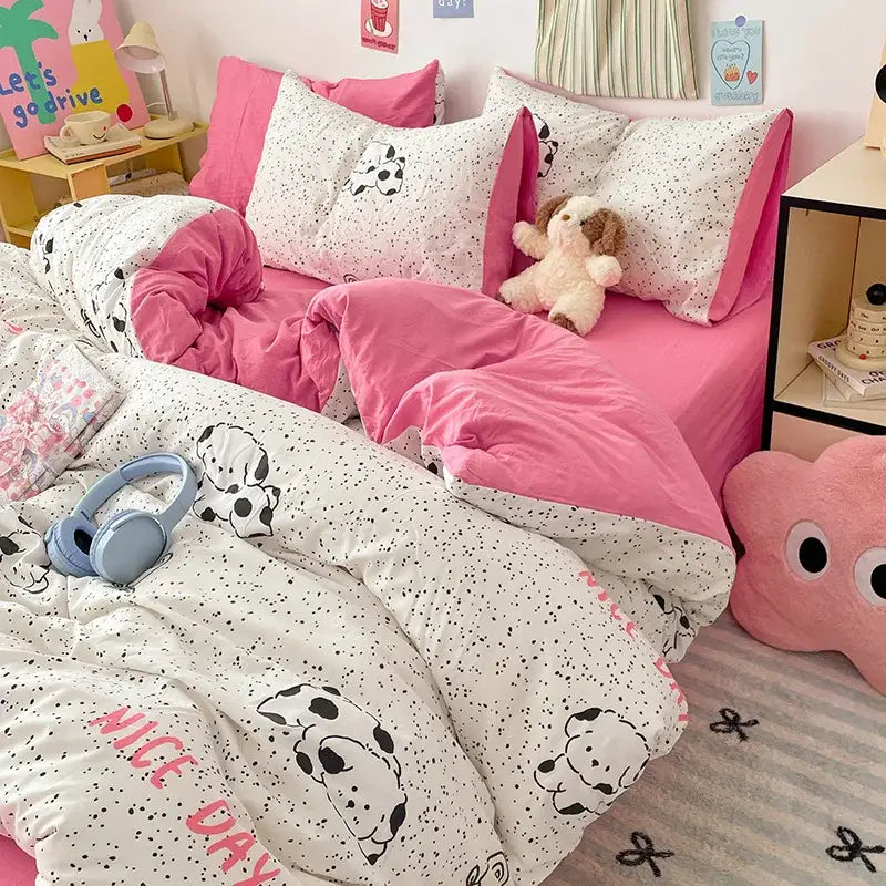 Pastel blue & white bunny cartoon pattern bed sets bedroom cotton