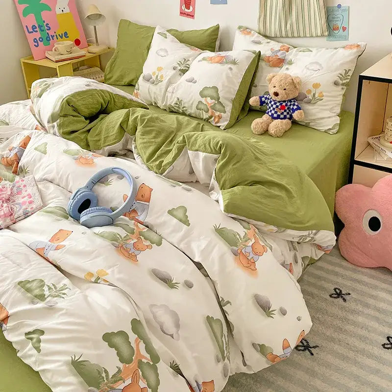 Pastel blue & white bunny cartoon pattern bed sets bedroom cotton