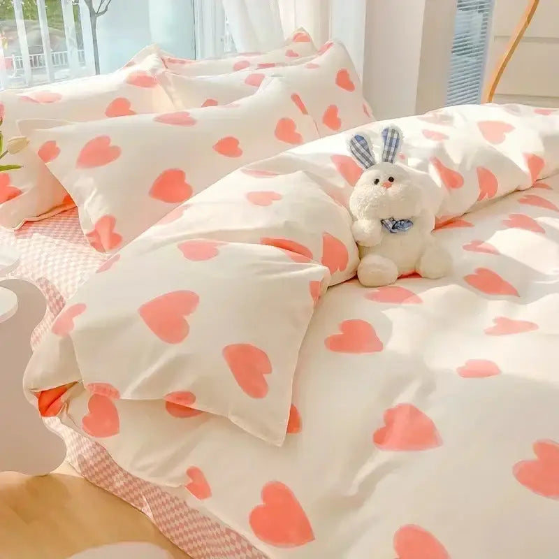 Pastel bunny and flower cartoon print bedding set bedroom decor