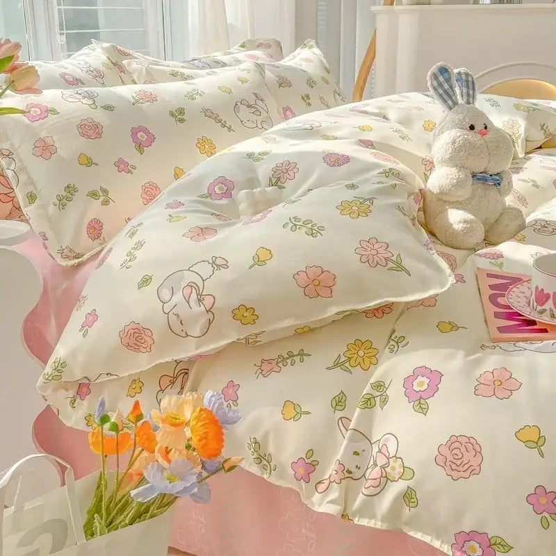 Pastel bunny and flower cartoon print bedding set bedroom decor