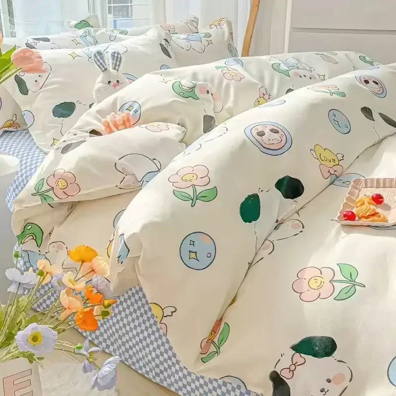Pastel bunny and flower cartoon print bedding set bedroom decor