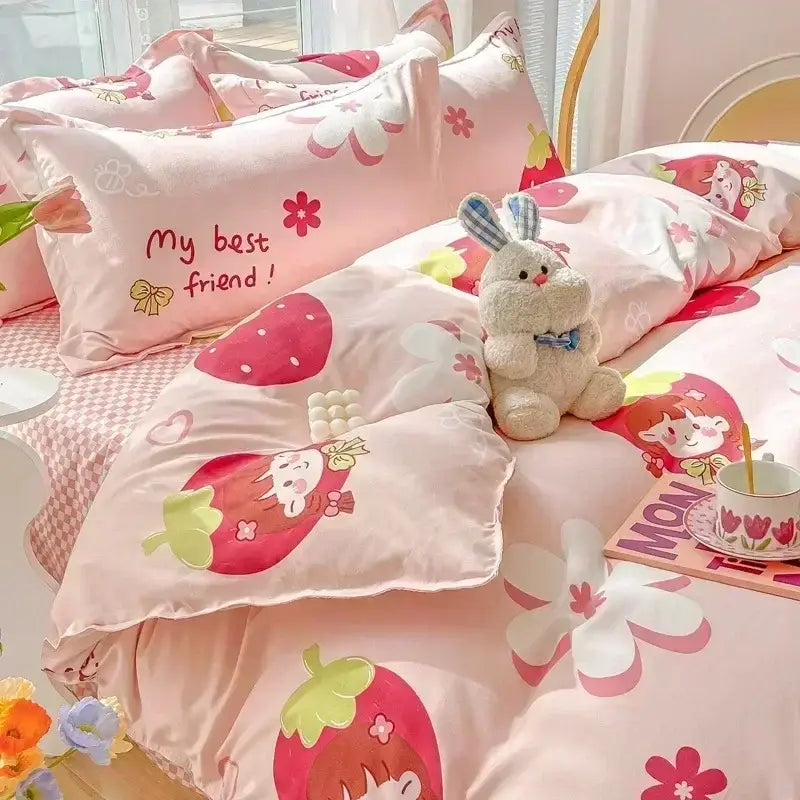 Pastel bunny and flower cartoon print bedding set bedroom decor