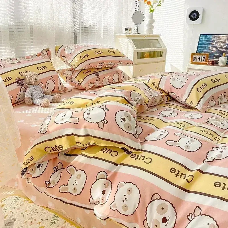 Pastel bunny and flower cartoon print bedding set bedroom decor