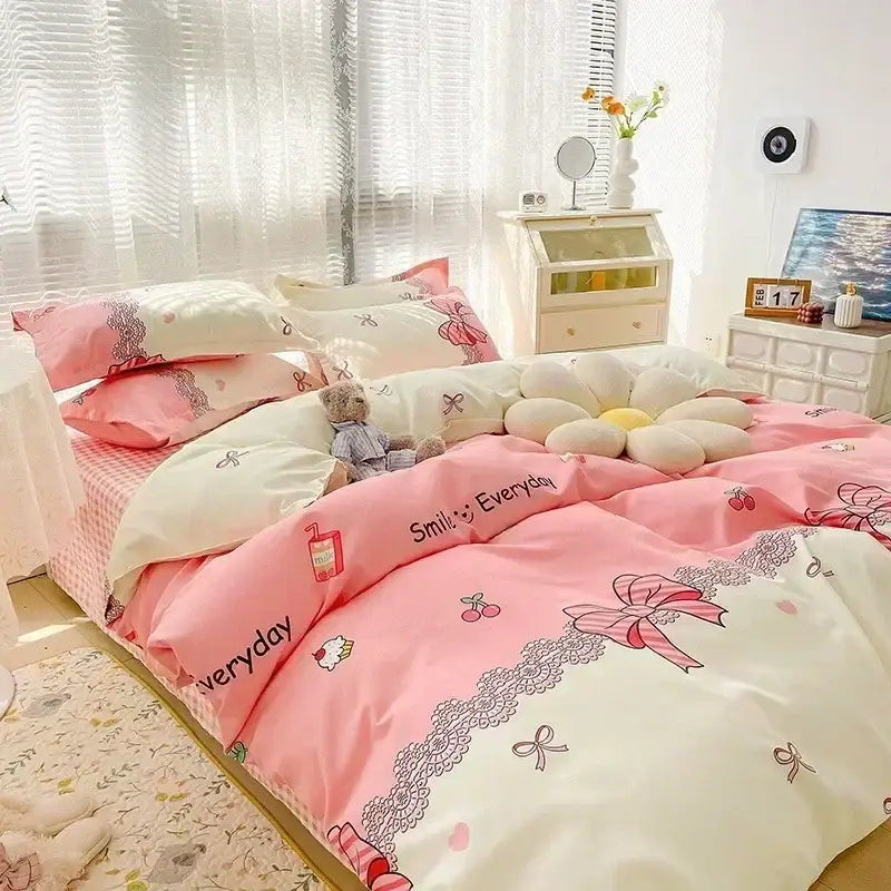 Pastel bunny and flower cartoon print bedding set bedroom decor