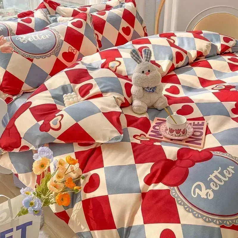 Pastel bunny and flower cartoon print bedding set bedroom decor