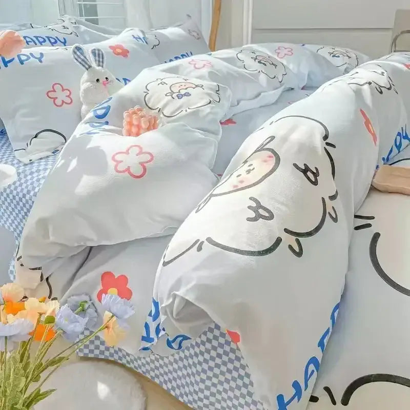 Pastel bunny and flower cartoon print bedding set bedroom decor