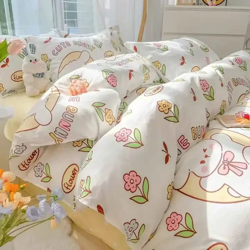 Pastel bunny and flower cartoon print bedding set bedroom decor