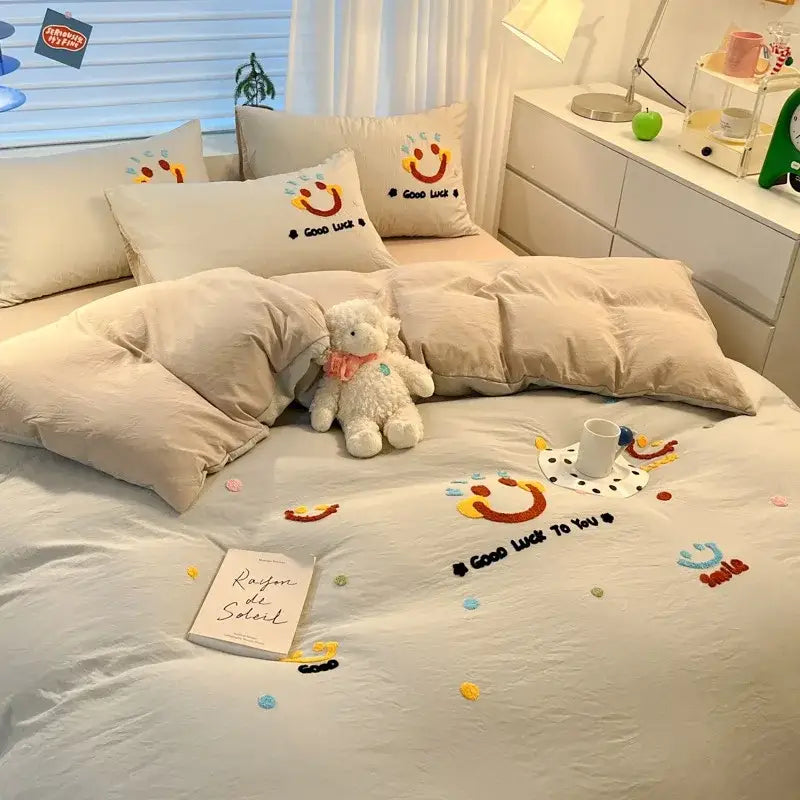 Pastel cartoon embroidered cotton bedding set for bedroom