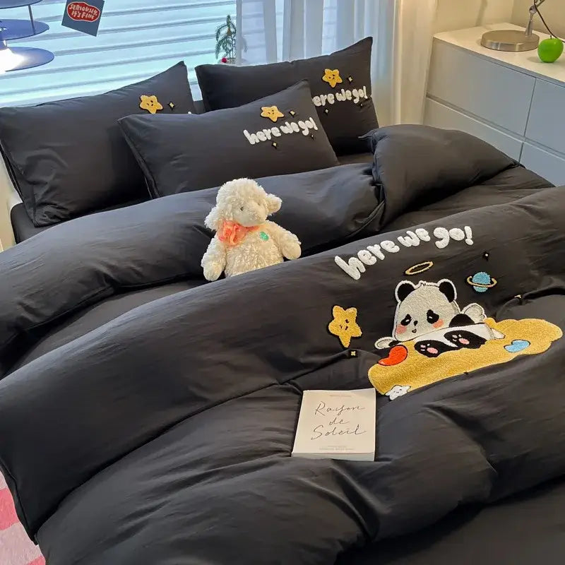 Pastel cartoon embroidered cotton bedding set for bedroom