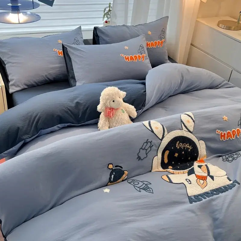 Pastel cartoon embroidered cotton bedding set for bedroom