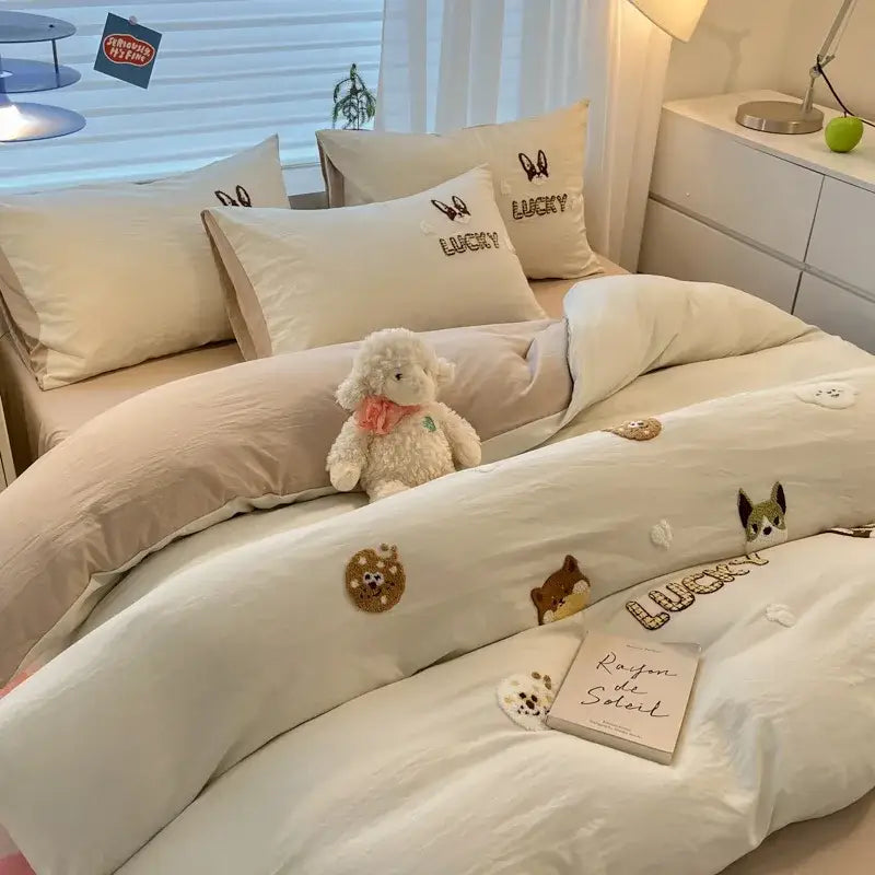 Pastel cartoon embroidered cotton bedding set for bedroom