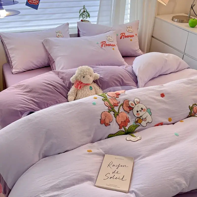Pastel cartoon embroidered cotton bedding set for bedroom