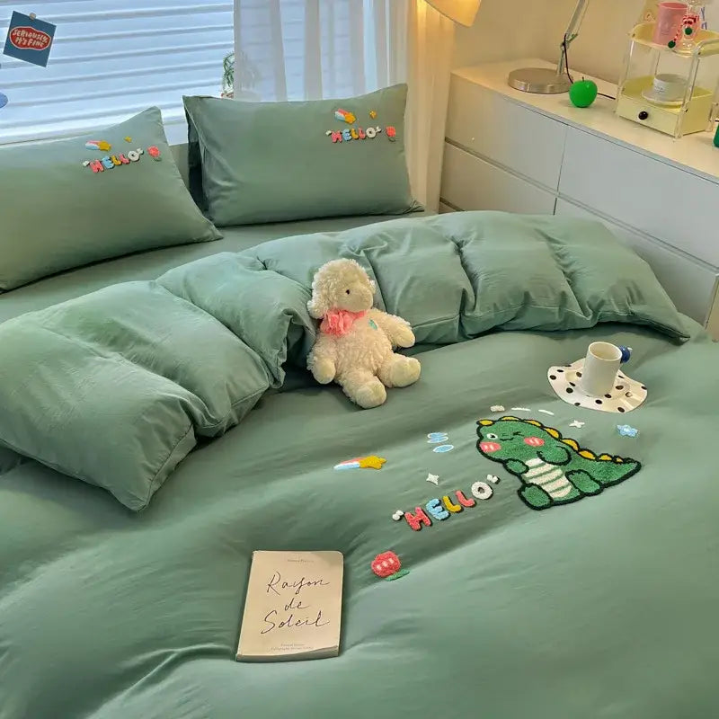 Pastel cartoon embroidered cotton bedding set for bedroom