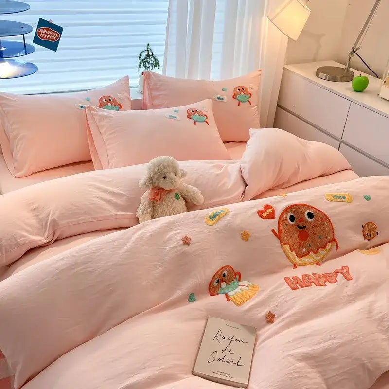 Pastel cartoon embroidered cotton bedding set for bedroom