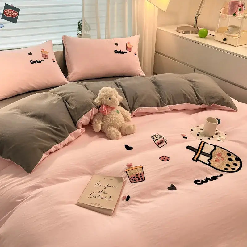 Pastel cartoon embroidered cotton bedding set for bedroom