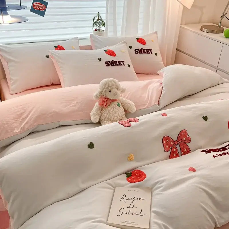 Pastel cartoon embroidered cotton bedding set for bedroom