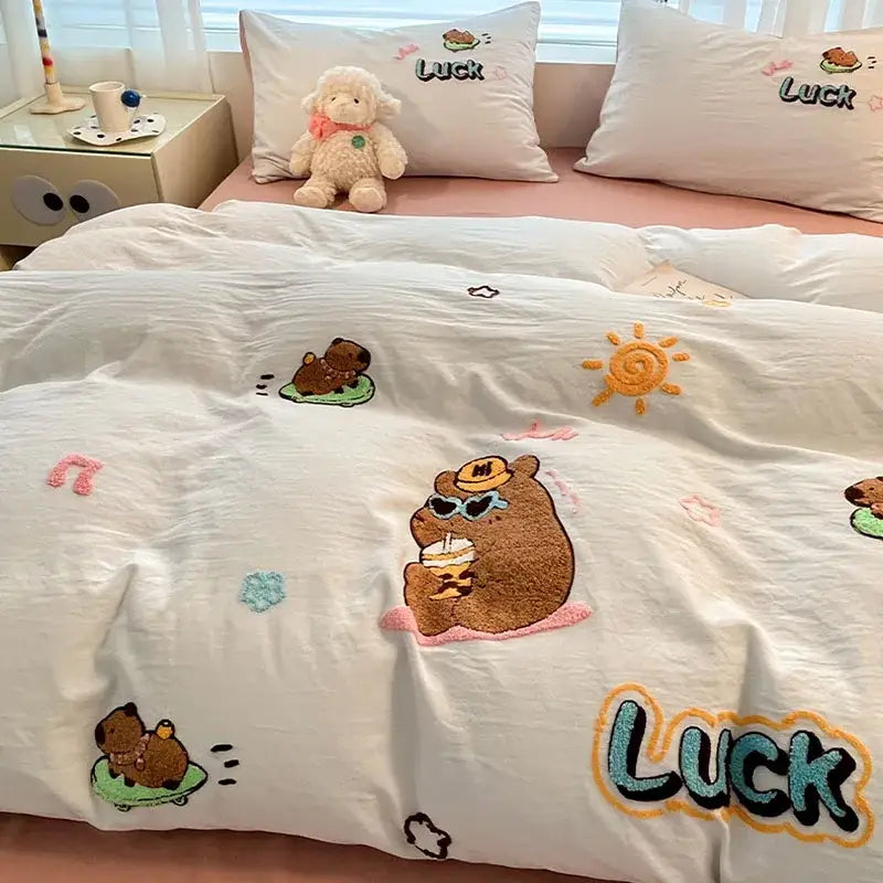 Pastel cartoon embroidered cotton bedding set for bedroom