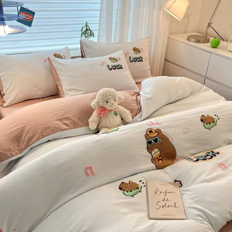 Pastel cartoon embroidered cotton bedding set for bedroom