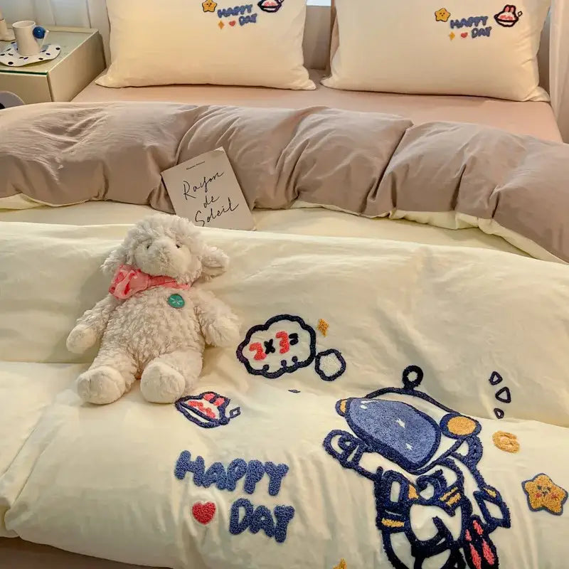 Pastel cartoon embroidered cotton bedding set for bedroom