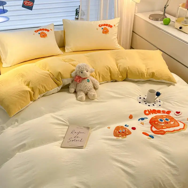 Pastel cartoon embroidered cotton bedding set for bedroom