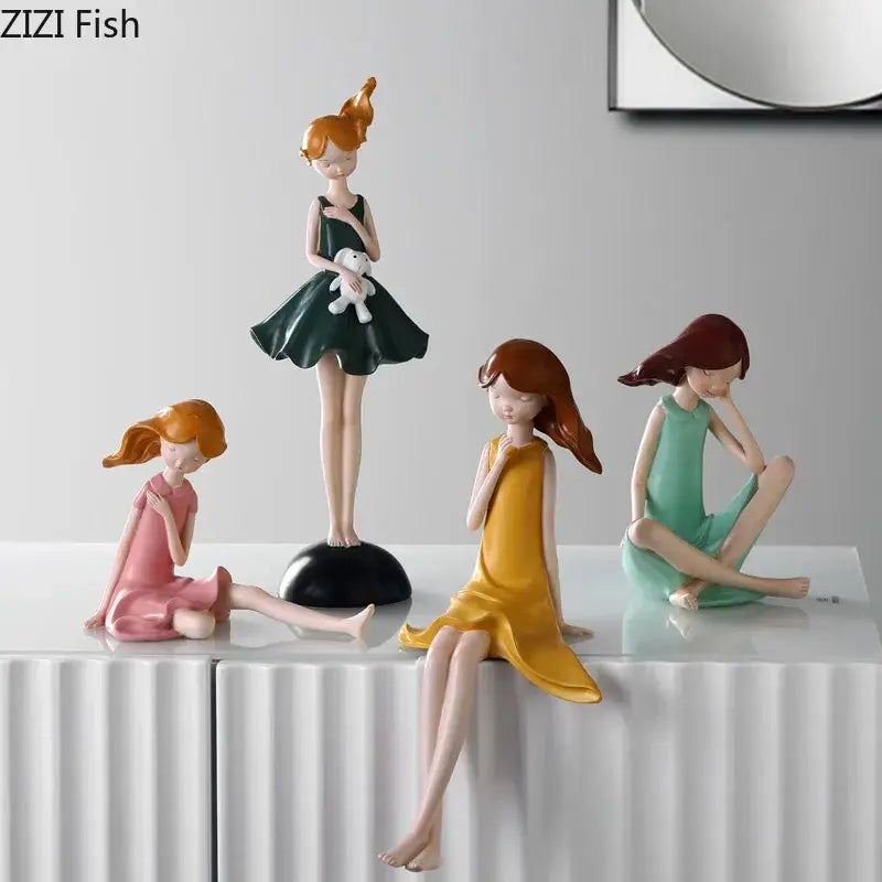 Pastel cartoon girl resin sculpture bedroom desk ornament