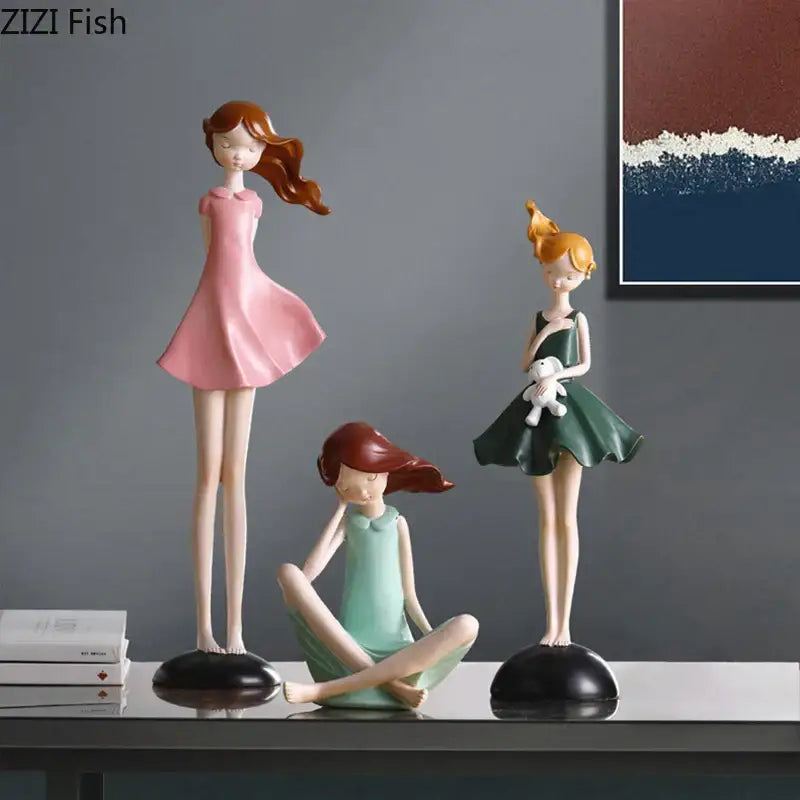 Pastel cartoon girl resin sculpture bedroom desk ornament