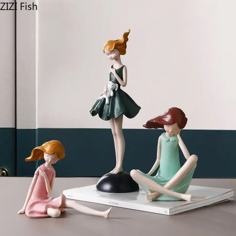 Pastel cartoon girl resin sculpture bedroom desk ornament