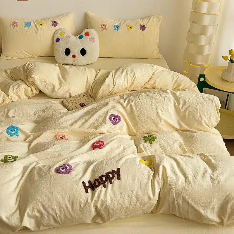 Pastel green cartoon embroidery bedding set bedroom quilted comforter