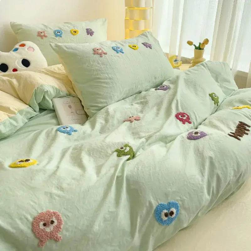 Pastel green cartoon embroidery bedding set bedroom quilted comforter