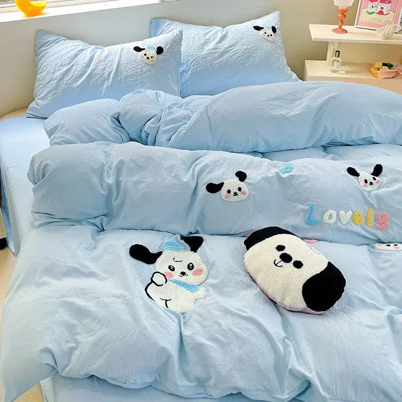 Pastel green cartoon embroidery bedding set bedroom quilted comforter