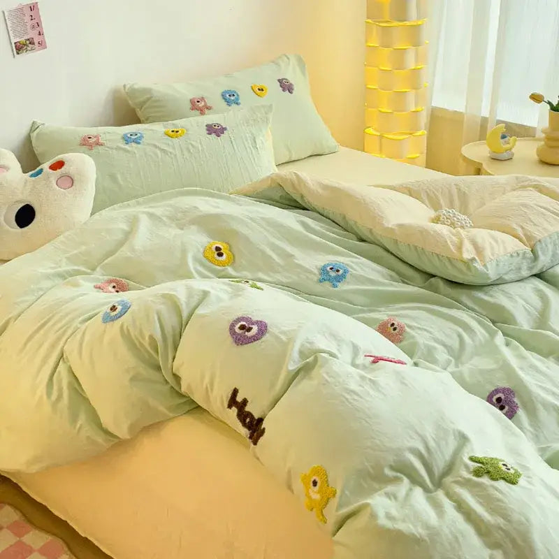 Pastel green cartoon embroidery bedding set bedroom quilted comforter