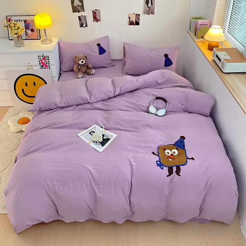 Pastel green cartoon embroidery bedding set bedroom quilted comforter