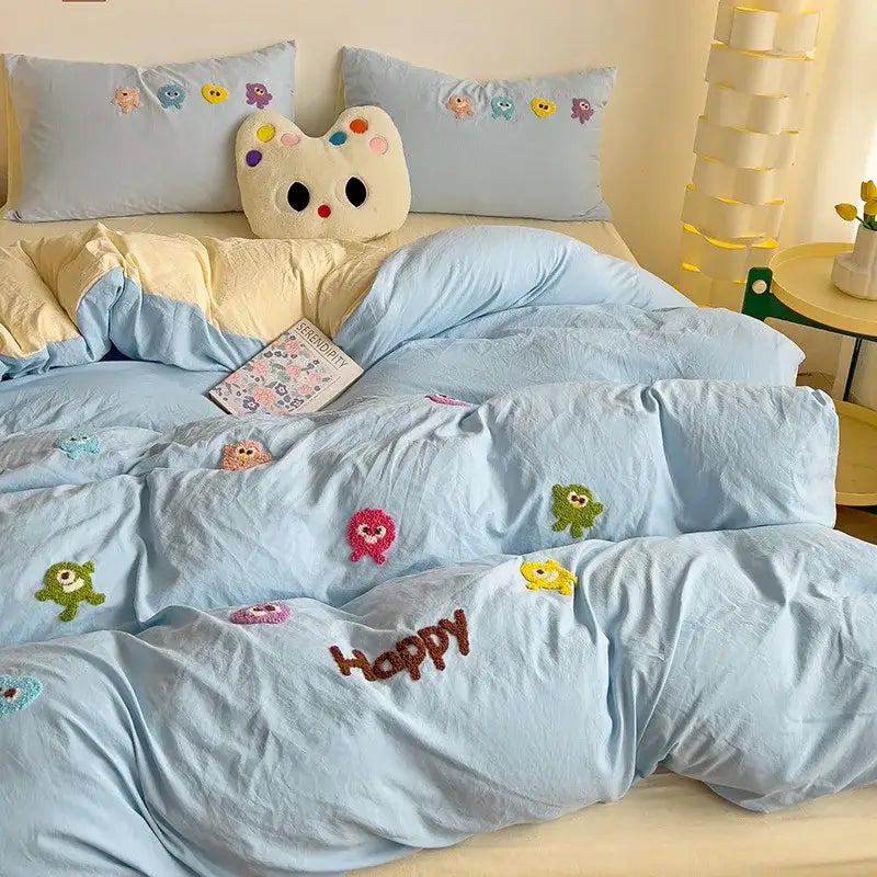 Pastel green cartoon embroidery bedding set bedroom quilted comforter