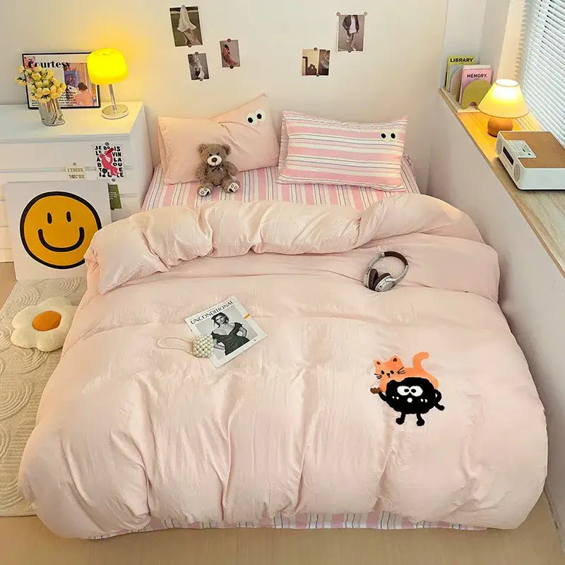 Pastel green cartoon embroidery bedding set bedroom quilted comforter