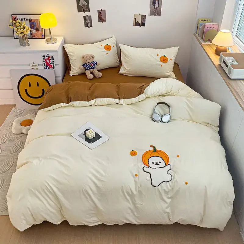 Pastel green cartoon embroidery bedding set bedroom quilted comforter