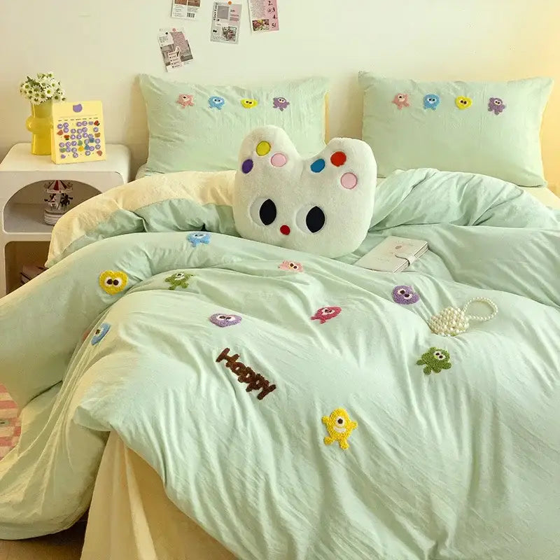 Pastel green cartoon towel embroidery bedding set bedroom decor