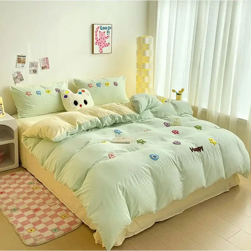 Pastel green cartoon towel embroidery bedding set bedroom decor
