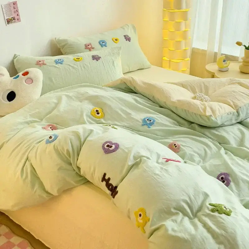 Pastel green cartoon towel embroidery bedding set bedroom decor