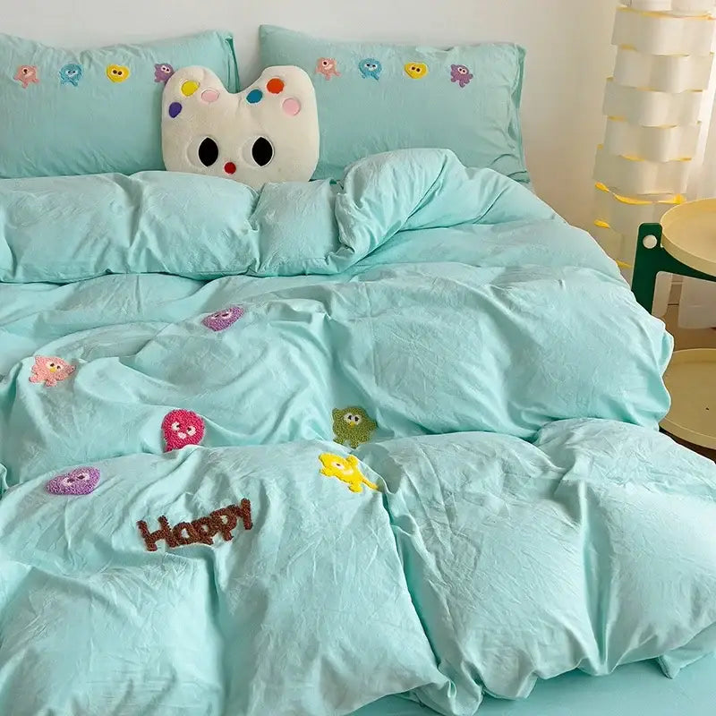 Pastel green cartoon towel embroidery bedding set bedroom decor