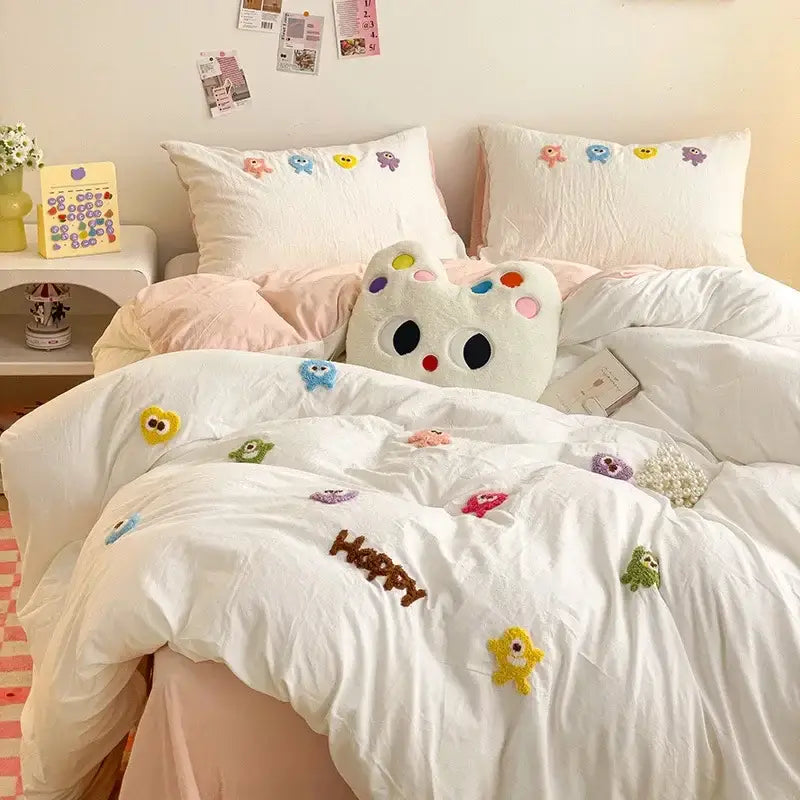 Pastel green cartoon towel embroidery bedding set bedroom decor