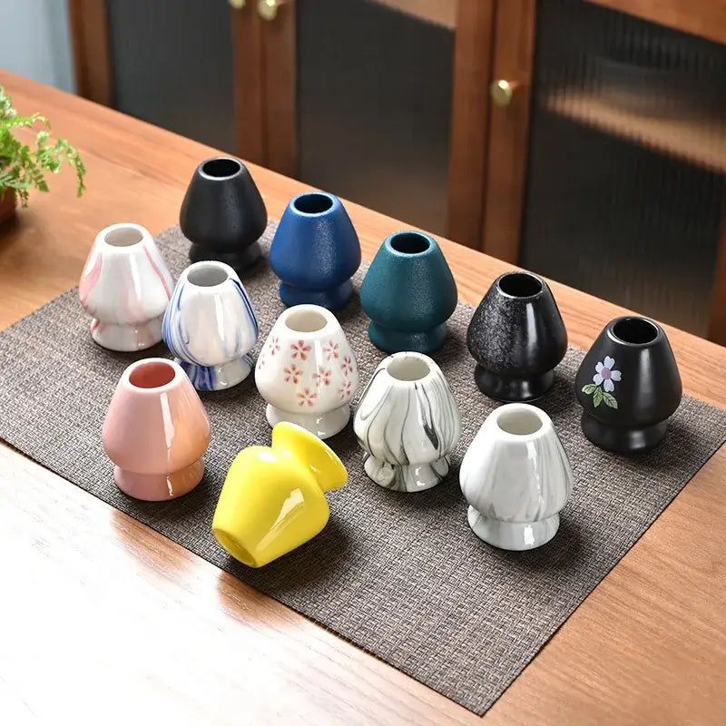 Pastel pink and yellow ceramic matcha whisk stand kitchen set