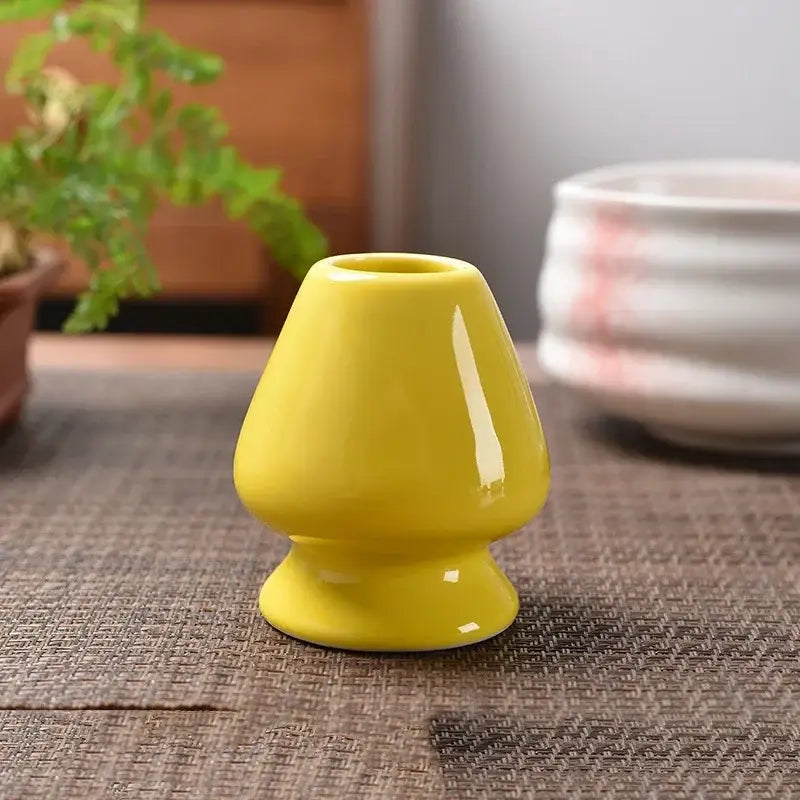 Pastel pink and yellow ceramic matcha whisk stand kitchen set