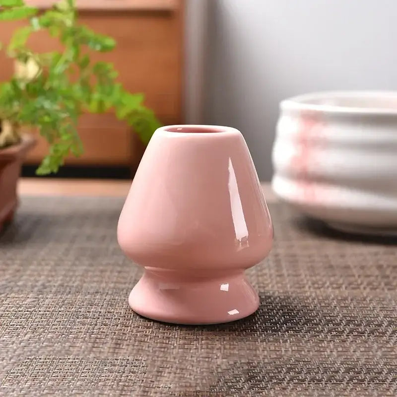 Pastel pink and yellow ceramic matcha whisk stand kitchen set