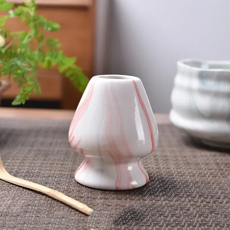 Pastel pink and yellow ceramic matcha whisk stand kitchen set