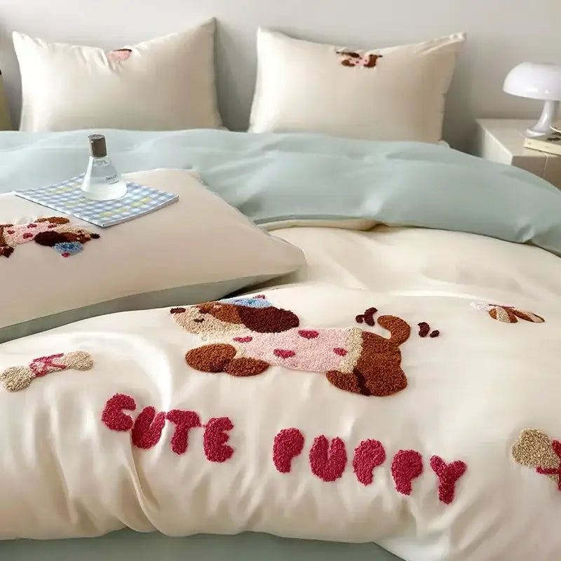 Pastel pink cartoon embroidery cotton bedding set for bedroom